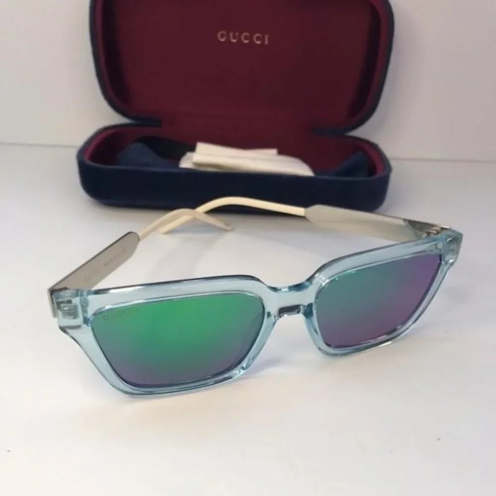 💯 - New - Authentic Gucci Light Blue/Metallic Gradient GG0975S Mirrored Squa…